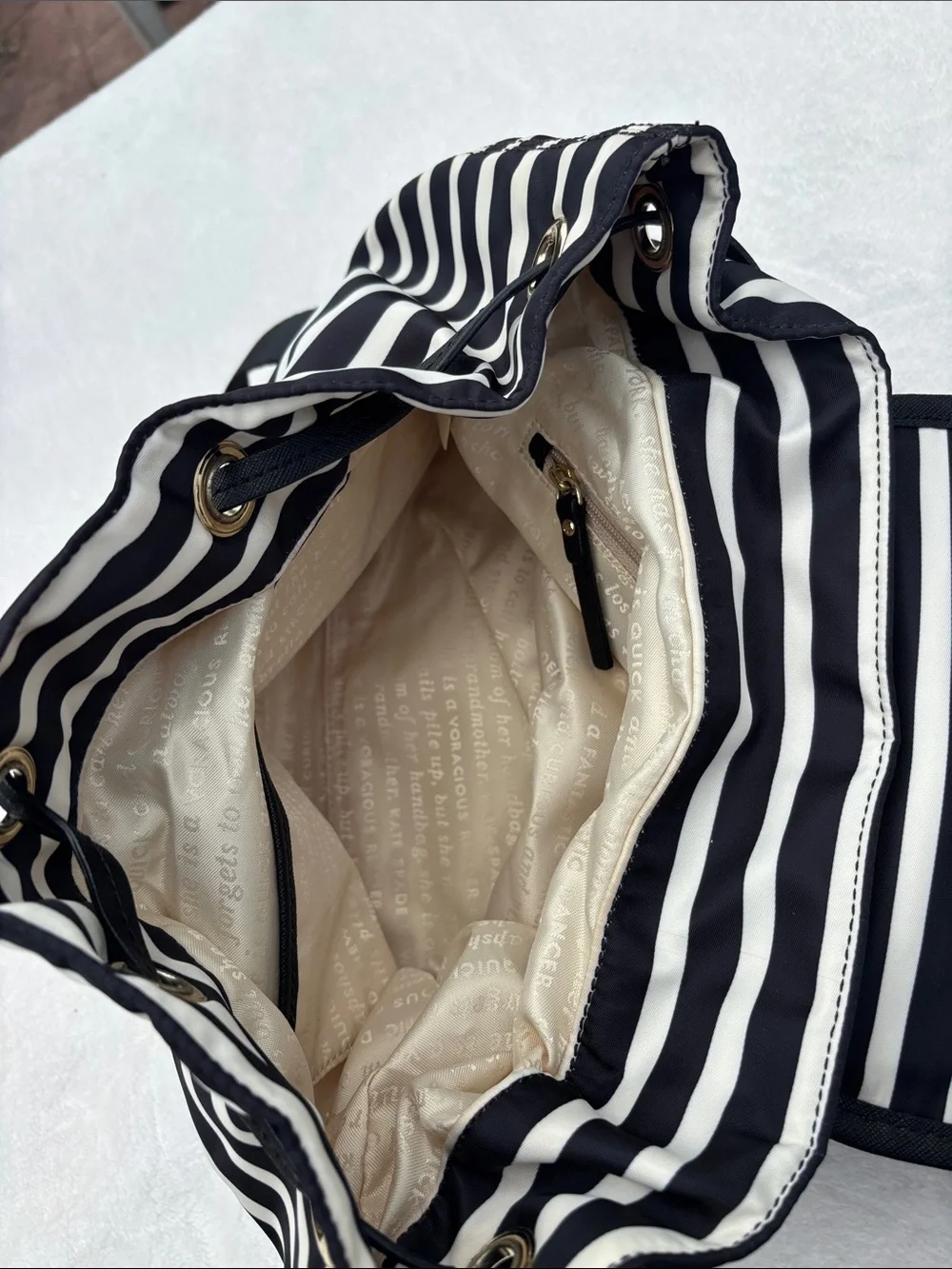 kate spade Black and White Striped Nylon Drawstring Backpack